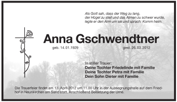 Traueranzeige von Anna Gschwendtner von Pegnitz-Zeitung